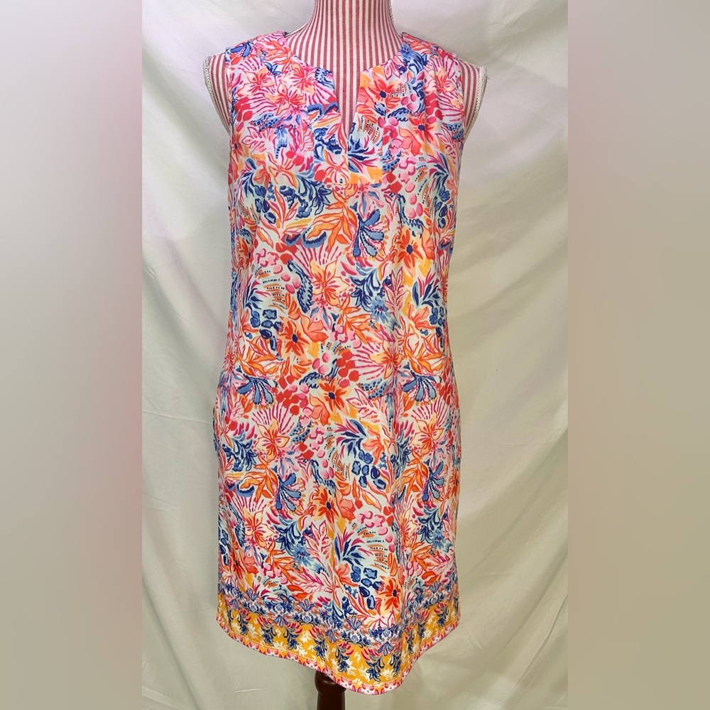 Stella Parker 30 UPF Tropical Flower Coral Blue Sleeveless Summer Dress Sz Small